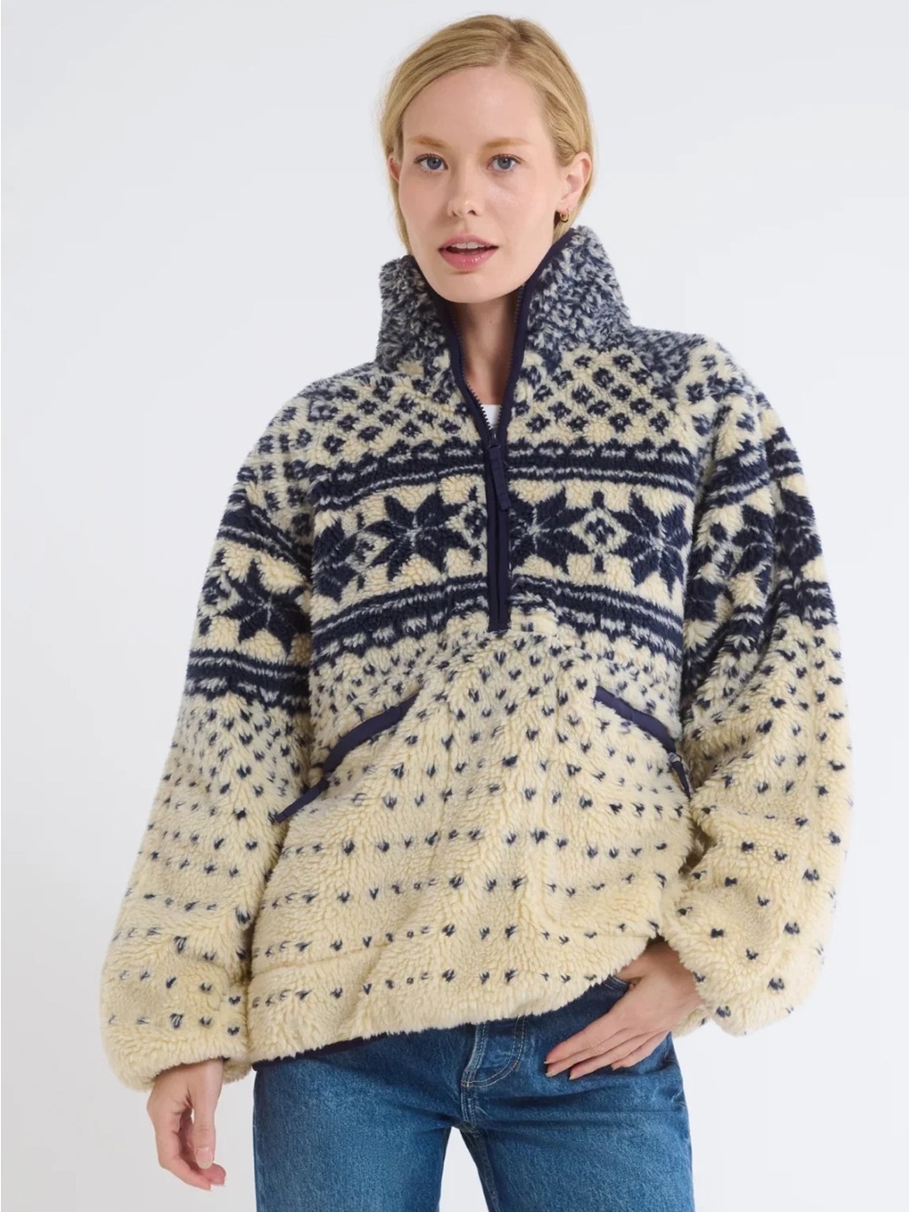 Rumored Cream & Navy Nordic Sherpa Half-Zip Pullover